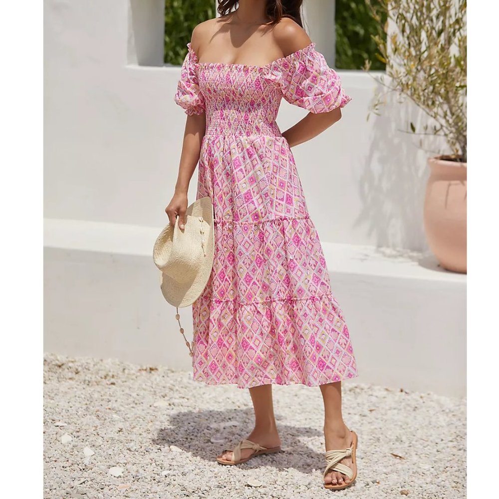 Peixoto Coco Smocked Puff-Sleeve Tiered Midi Dress Morrocan Sunday Pink M